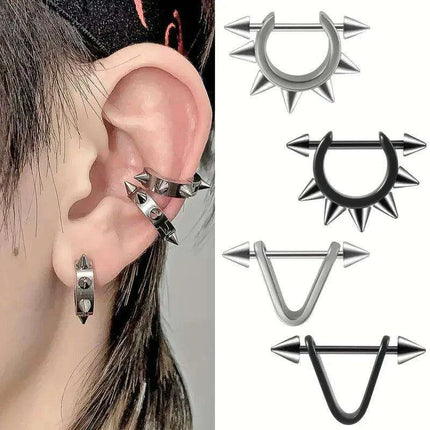 Men's Silver/Black Stainless Steel Spike Hoop Earring - Edgy Cartilage Jewelry for Tragus, Helix, and Daith Piercings