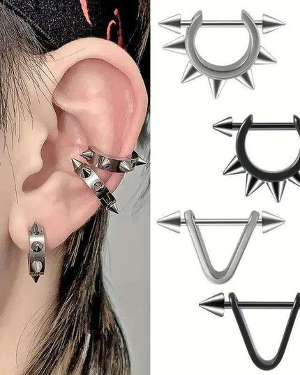 Men's Silver/Black Stainless Steel Spike Hoop Earring - Edgy Cartilage Jewelry for Tragus, Helix, and Daith Piercings