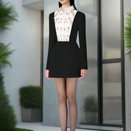 Floral Cut-Out Contrast Mini Dress with Lapel Detail for Women
