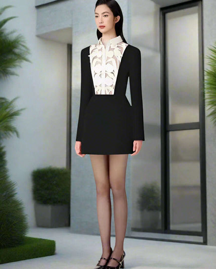 Floral Cut-Out Contrast Mini Dress with Lapel Detail for Women