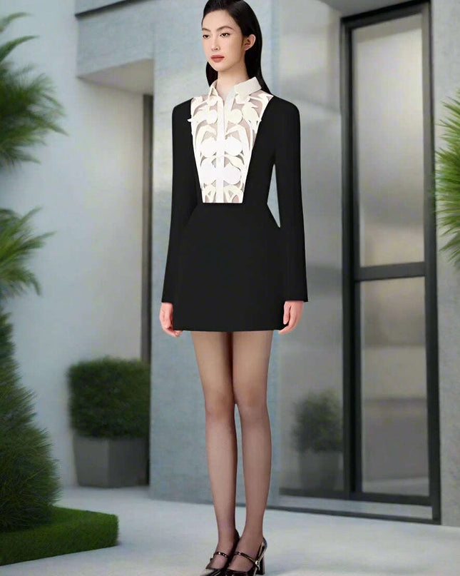 Floral Cut-Out Contrast Mini Dress with Lapel Detail for Women
