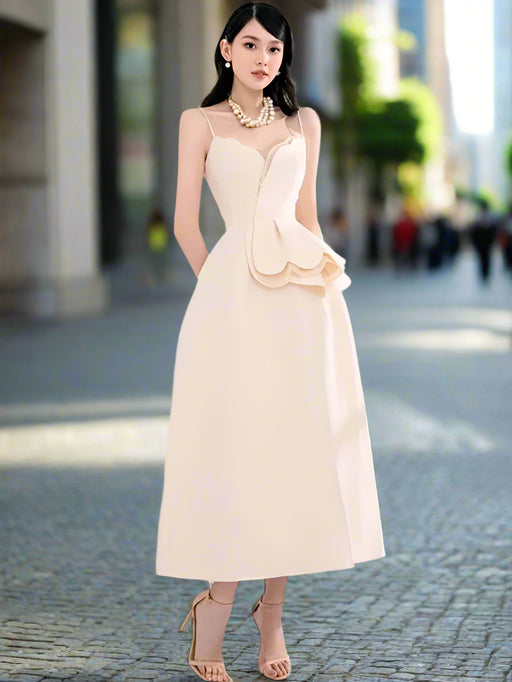 Elegant Apricot Velvet A-Line Slip Dress with Wave Hem Detail