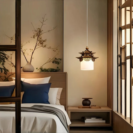 Solid Wood & Glass LED Pendant Light — Oriental Design, E27, Tri-Color