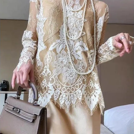 Elegant Long Sleeve Lace Top – Hollow-Out, Round Neck, Apricot