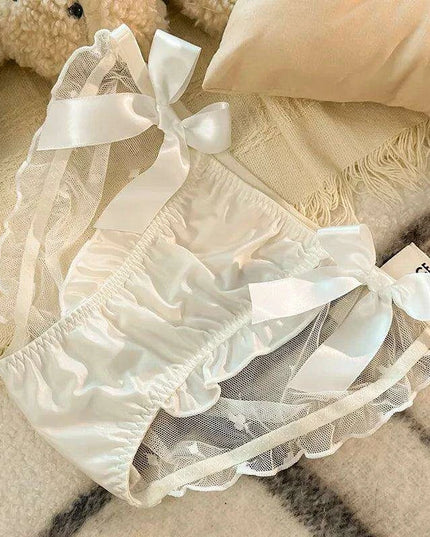 Charming Princess-Inspired Satin Lace Bow Women's Panties - Soft Ruffled Mesh Underwear for All-Day Comfort