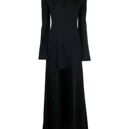 Full-Length Evening Gown with Flare Sleeves and Deep V-Neck