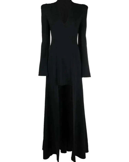 Full-Length Evening Gown with Flare Sleeves and Deep V-Neck