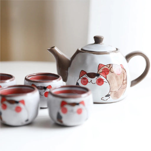 Lucky Cat Ceramic Tea Set with Filter - 5 Piece Gift Bundle