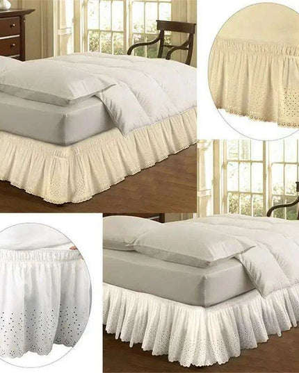 Embroidered Floral Cotton Queen Bed Skirt - Elastic Fit with Elegant Finish