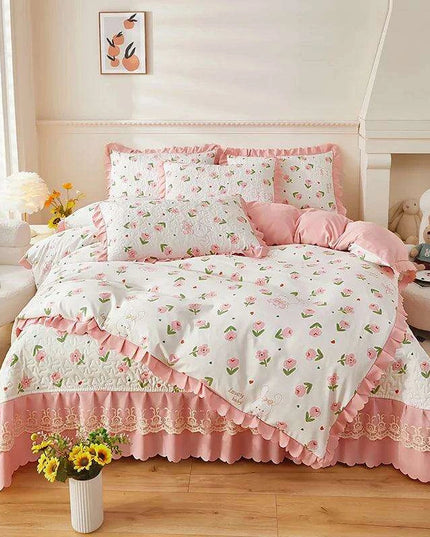 Chic Floral Ruffle Queen Bedding Set