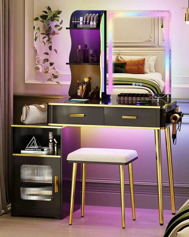 Luxurious LED-Integrated Glass Makeup Organizer with Charging Station