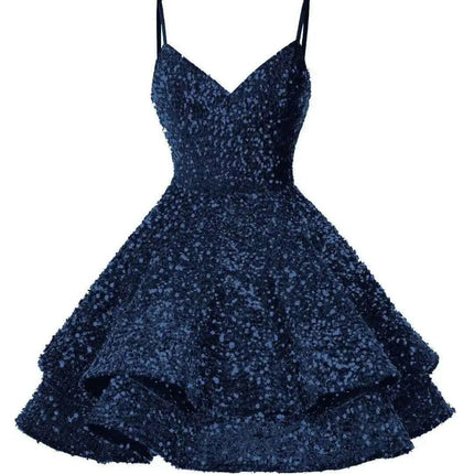 Sparkling Tiered Sequin Spaghetti Strap Short Cocktail Dress for Young Women