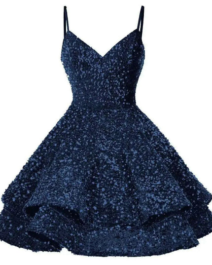 Sparkling Tiered Sequin Spaghetti Strap Short Cocktail Dress for Young Women