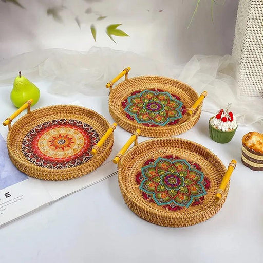 Rattan and Wood Handled Serving Tray for Elegant Food Presentation