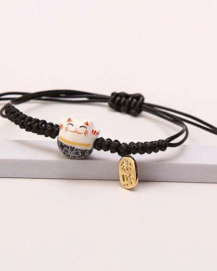 Whimsical Rainbow Braided Lucky Cat Bracelet - Adjustable Ceramic Good Fortune Jewelry