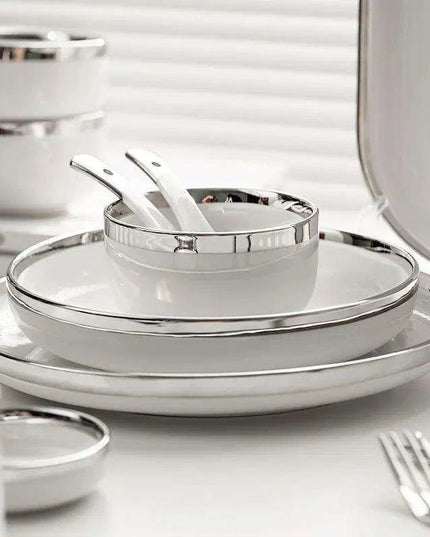 Sophisticated Elegance: White Ceramic Dinnerware Set with Silver Trim