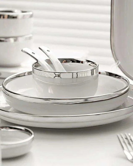 Sophisticated White Porcelain Dinnerware Collection with Silver Detailing for Elegant Home and Hotel Dining