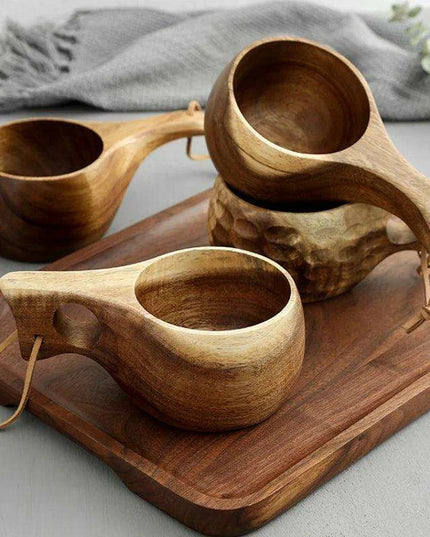 Rustic Acacia Wood Outdoor Mug - Elegant Camping Coffee & Milk Cup with Practical Rope Handle