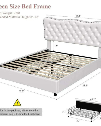 Beige Linen Storage Bed Frame with Padded Headboard & Wooden Slats