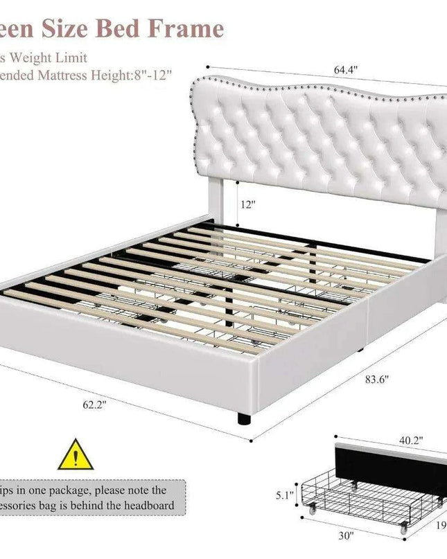 Beige Linen Storage Bed Frame with Padded Headboard & Wooden Slats