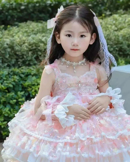 Fairy Tale Pink Lace Floral Dress for Baby Girls