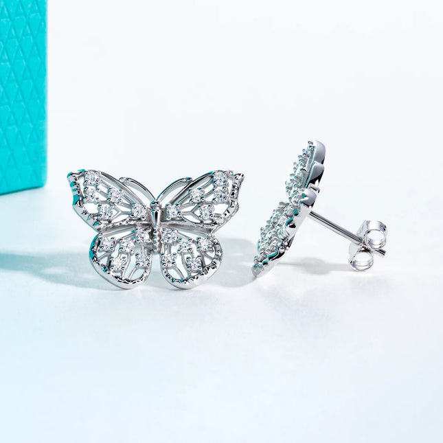 D Colour Moissanite Butterfly Stud Earrings — 925 Silver, 18K Plated, with Certificate