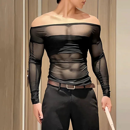 OG Waves Men's Sheer Mesh Off Shoulder Long Sleeve Slim Fit Tee
