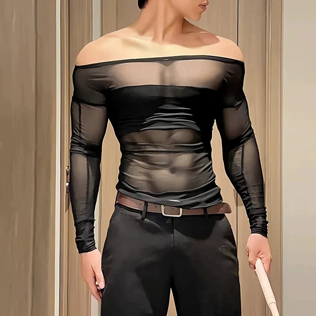 Men’s Sheer Mesh Off-Shoulder Long Sleeve Top, Statement Fashion