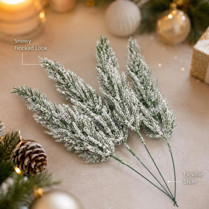 Snow-Flocked Artificial Pine Picks with Flexible Stems for Christmas Decor