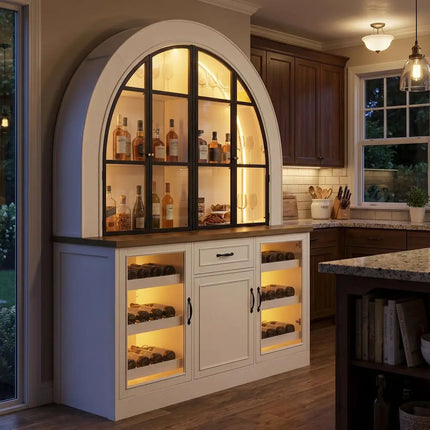 Arched Wine Bar Cabinet with LED Lighting & Glass Doors
