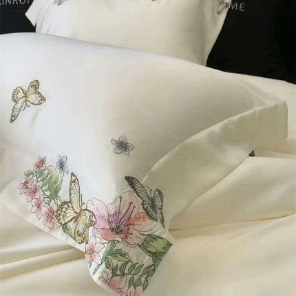 Luxury Butterfly Floral Embroidery Duvet Cover Set - Soft Lyocell Eucalyptus Fiber Bedding with Pillowcases and Flat Sheet