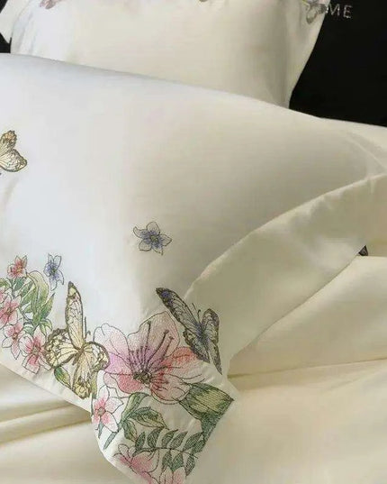 Luxury Butterfly Floral Embroidery Duvet Cover Set - Soft Lyocell Eucalyptus Fiber Bedding with Pillowcases and Flat Sheet