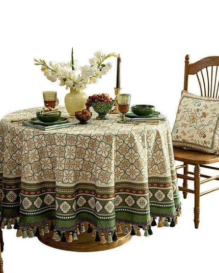 Luxurious Dark Green Round Tablecloth with Elegant Hanging Accents