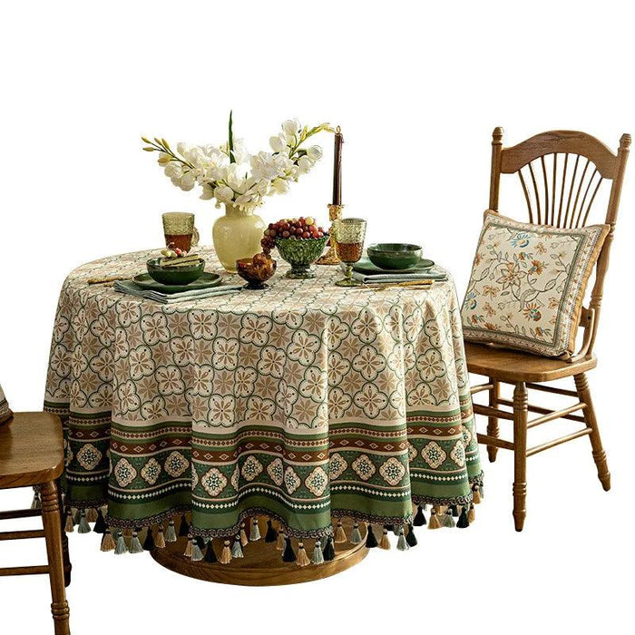 European-Inspired Dark Green Round Tablecloth with Hanging Ears