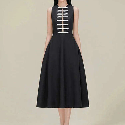 Elegant Sleeveless Women's Party Dress with Bow Accent and Cut-Out Waist - Solid Color Summer Fashion 2024