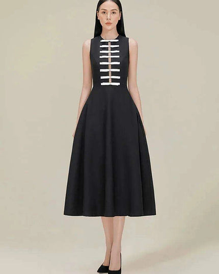 Elegant Sleeveless Women's Party Dress with Bow Accent and Cut-Out Waist - Solid Color Summer Fashion 2024