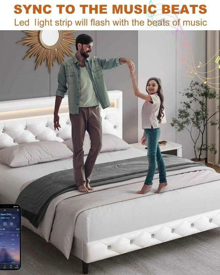 LED-Enhanced White Smart Bed Frame with Adjustable Crystal Tufted Headboard