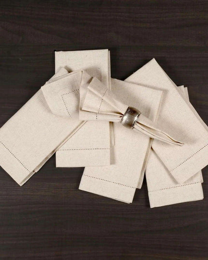 Set of 6 Luxurious Hemstitched Linen Napkins with Nature-Inspired Motifs - Flax Fabric for Elegant Dining