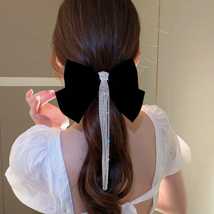 Velvet Bow Hair Clip with Rhinestone & Tassel | Korean Style