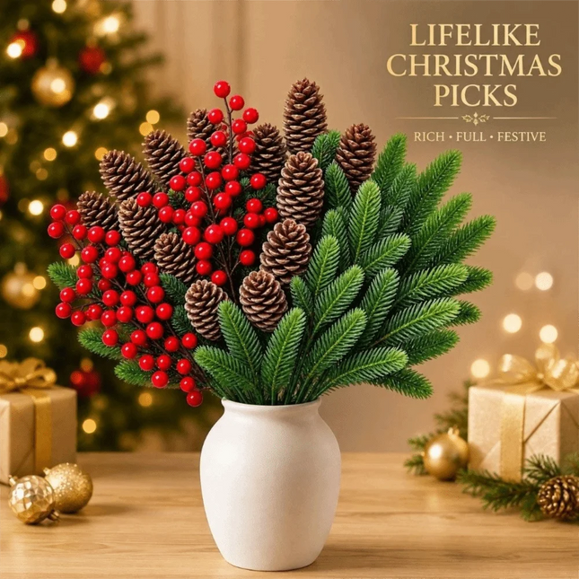 Artificial Christmas Craft Picks, Pine Sprigs, Red Berries or Pinecones, Pack of 10