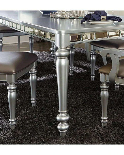 Glistening Silver Dining Ensemble with Crystal-Accented Tufted Chairs