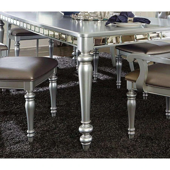 Glistening Silver Dining Ensemble with Crystal-Accented Tufted Chairs