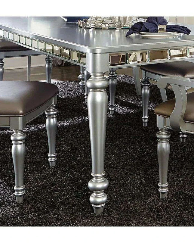 Glistening Silver Dining Ensemble with Crystal-Accented Tufted Chairs