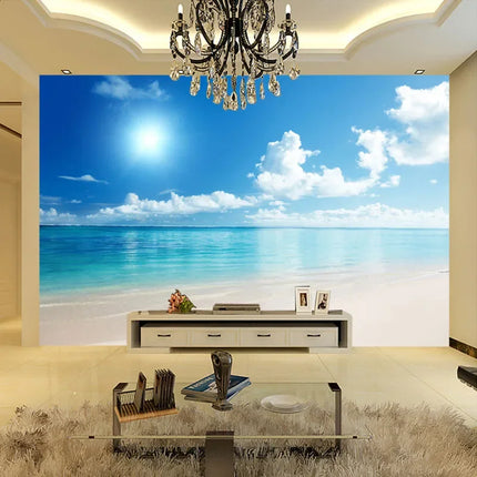 3D Ocean View Mural Wallpaper - Blue Sky & Clouds