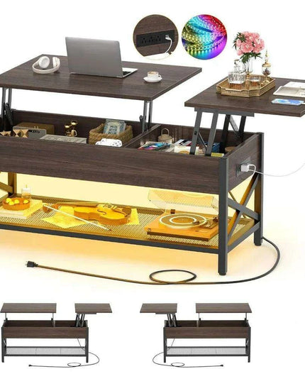 Modern Lift-Top Coffee Table with LED Lighting, USB Ports, and Smart Storage Solutions