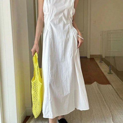 Chic White Pleated Plus Size Maxi Dress for Women - Sleeveless Round Neck Style
