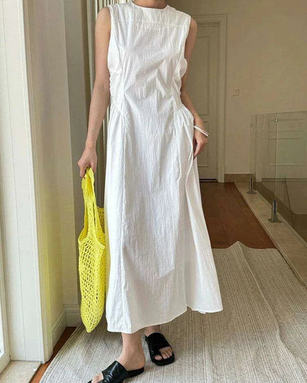 Chic White Pleated Plus Size Maxi Dress for Women - Sleeveless Round Neck Style