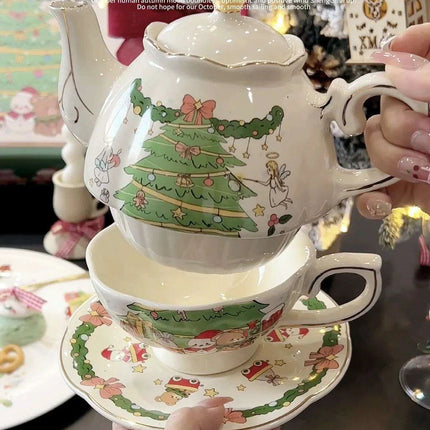 Hand-Drawn Retro Christmas Tea Set with Elegant Gift Box