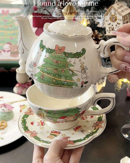 Hand-Drawn Retro Christmas Tea Set with Elegant Gift Box