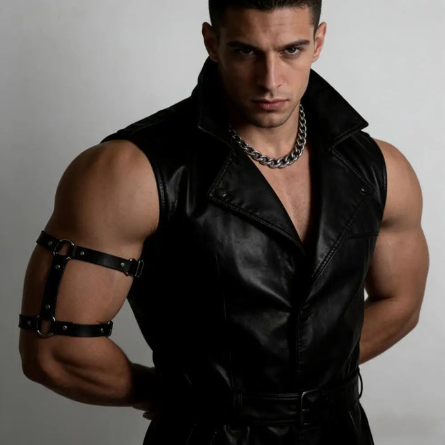 Black Faux Leather Upper-Arm Harness with Silver-Tone Details